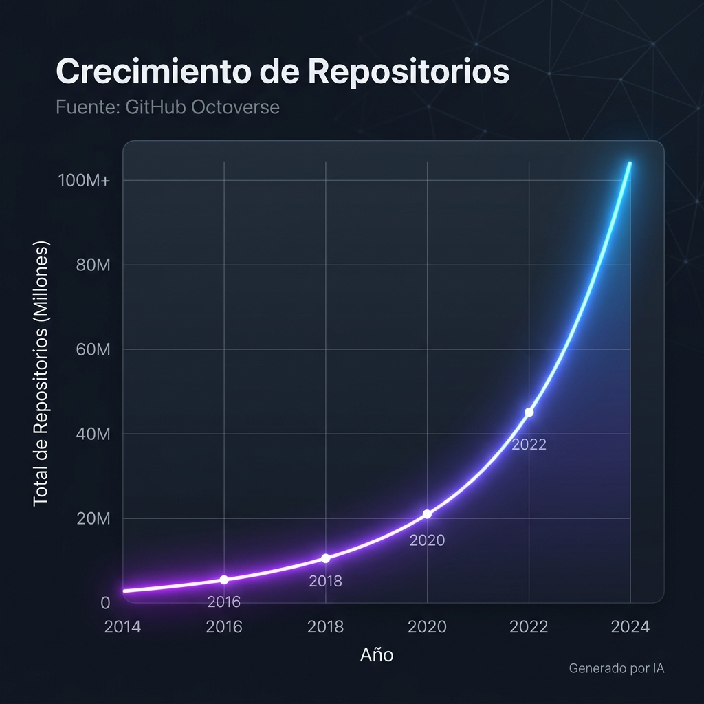 Gráfico ilustrando el crecimiento exponencial histórico de repositorios en plataformas colaborativas, evidenciando el aumento masivo del volumen de código gestionado. Fuente de los datos: GitHub Octoverse.
